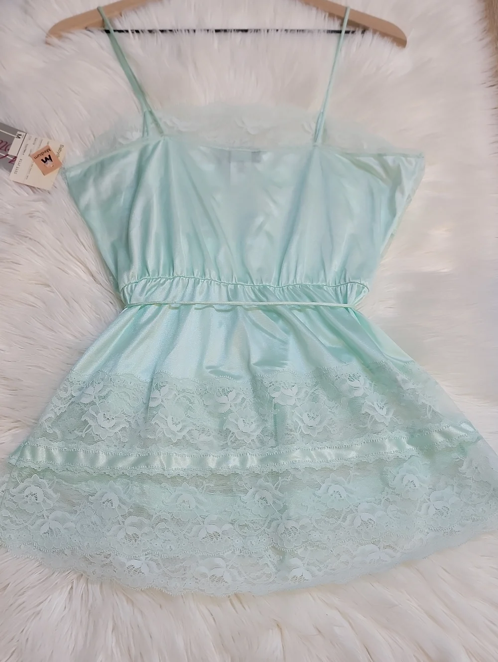 VTG |Lace-Trim Satin Chemise & Brief Set - Mint - Picture 6 of 10